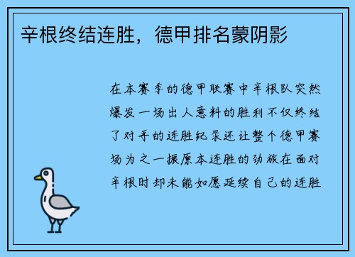 辛根终结连胜，德甲排名蒙阴影